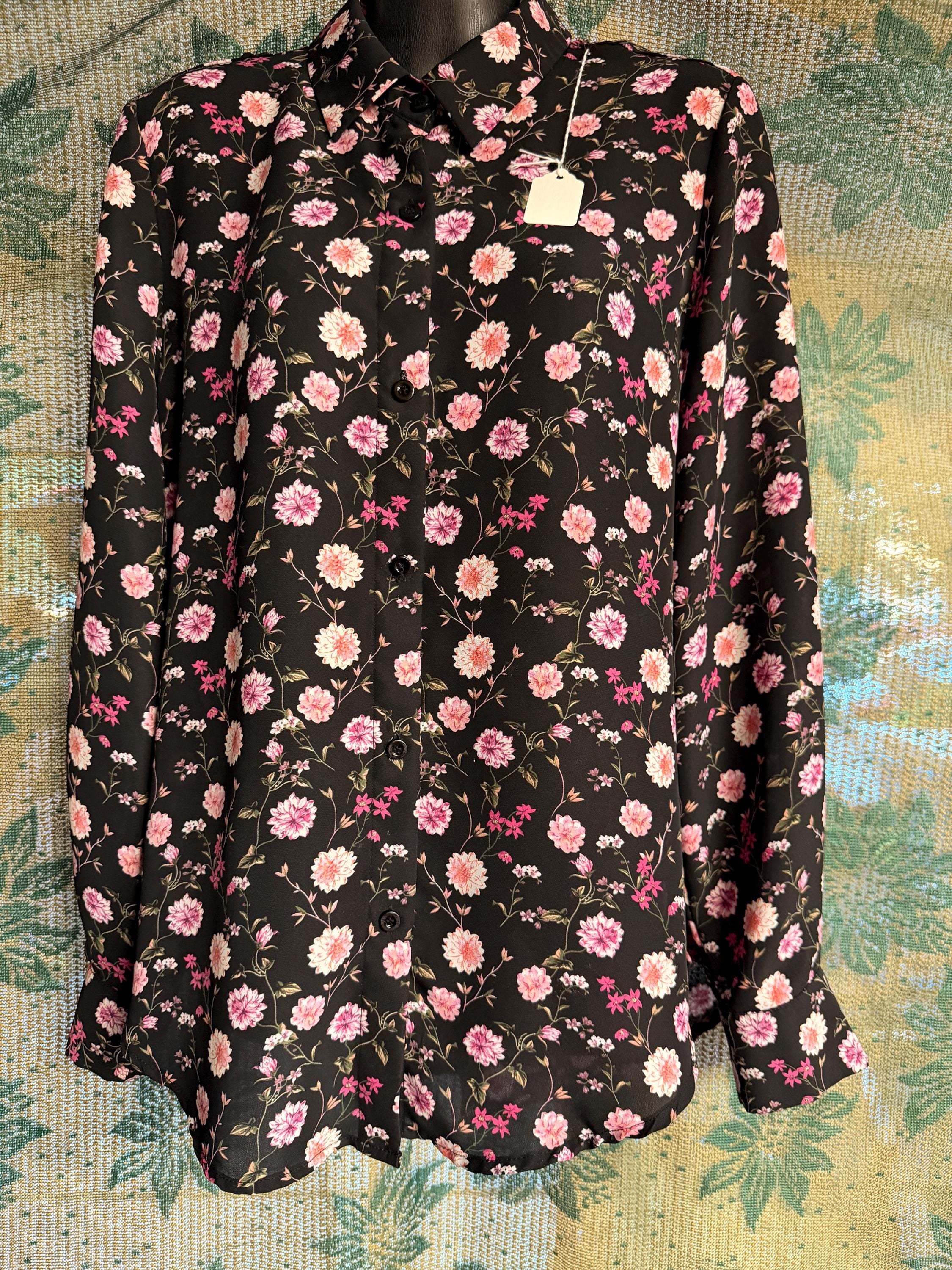 Black Floral Button Front Blouse