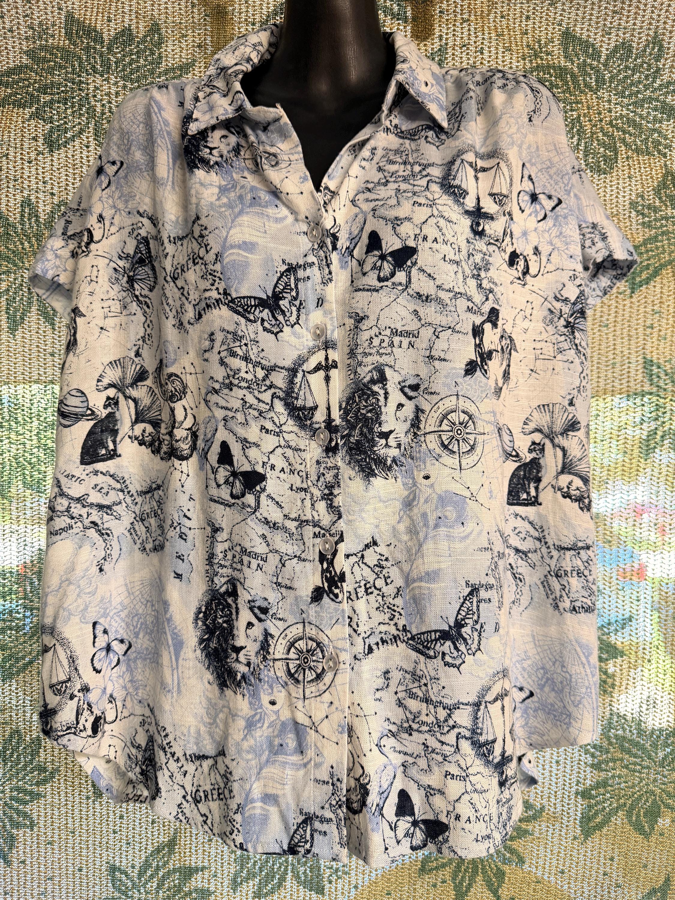 Celestial Map Print Linen Blend Button Front Blouse